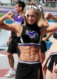 A cheerleader with a confusing message